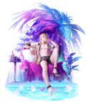  1boy abs absurdres anklet black_shorts blonde_hair bottle champagne_tower closers coconut_tree couch cup cushion drinking_glass flower food fruit full_body grapes highres holding holding_cup ice_bucket jacket jewelry long_hair looking_to_the_side male_focus muscular muscular_male navel official_art on_couch open_clothes open_jacket palm_tree parted_lips pectorals pink_flower plant pool potted_plant purple_sky red_eyes sandals shorts single_sandal sitting sky slides soaking_feet solo transparent_background tree white_jacket wine_bottle wine_glass wolfgang_schneider 
