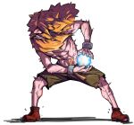  1boy abs ankle_boots beard blonde_hair boots brown_boots clenched_teeth covered_eyes cuffs english_text facial_hair fighting_stance floating_hair full_body green_shorts hadouken hair_over_eyes highres legs_apart long_beard long_hair male_focus metal_slug muscular muscular_male mustache prisoner_of_war_(metal_slug) rat_huang serratus_anterior shackles shorts simple_background solo standing teeth toes topless_male torn_clothes torn_shorts veins veiny_arms veiny_legs white_background 