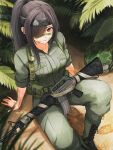  1girl absurdres boots breasts brown_hair camouflage camouflage_helmet commentary commission day dgkamikaze english_commentary green_boots green_helmet green_jacket green_pants hair_over_one_eye helmet highres jacket knee_up lace-up_boots long_hair medium_breasts original outdoors pants plant ponytail red_eyes second-party_source sitting solo spade_(shape) unworn_headwear unworn_helmet weapon_request 