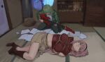  2girls bang_dream! bang_dream!_our_notes boots breasts brown_boots brown_skirt green_jacket izawa_natsume izumi_houka jacket large_breasts long_hair lying multiple_girls pink_hair plaid_clothes red_shirt restrained shibari shibari_over_clothes shirt skirt wybzdqgs 