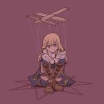 1girl bags_under_eyes bang_dream! bang_dream!_it's_mygo!!!!! blonde_hair boots brown_boots closed_mouth commentary_request control_bar doll_joints full_body joints knees_up korean_commentary lace-up_boots looking_at_viewer medium_hair misumi_uika puppet_strings purple_eyes red_background saiaku_dan simple_background sitting smile solo 