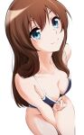  1girl between_legs blue_eyes blue_one-piece_swimsuit breasts brown_hair cleavage commentary from_above hand_between_own_legs hibike!_euphonium highres kuroe_mayu lmtxxn long_hair looking_at_viewer looking_up one-piece_swimsuit simple_background smile solo swimsuit untranslatable_commentary 