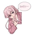  1girl bang_dream! bang_dream!_yumemita braid cardigan commentary english_text miyanaga_nonoka miyanaga_nonoka_(real) open_mouth pink_cardigan pink_eyes pink_hair shatangju_(bokuto1463) side_braid simple_background smile solo speech_bubble untranslatable_commentary waving white_background 