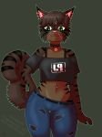 2026 alternative_fashion anthro artist_name bell black_stripes boobfan06 bottomwear bra_strap brown_body brown_fur brown_hair clothing collar colored_sketch crop_top denim denim_bottomwear denim_clothing digital_drawing_(artwork) digital_media_(artwork) domestic_cat ear_piercing ear_ring facial_piercing felid feline felis female fishnet_clothing fluffy fluffy_tail fur gold_piercing green_eyes green_outline hair hi_res jeans jingle_bell linkin_park lip_piercing logo_on_clothing loose_top mammal midriff navel navel_piercing nonbinary_(lore) nose_piercing outline pants piercing ring_piercing septum_piercing shirt short_hair simple_background sketch smile snakebite_piercing solo stripes studded_collar studs tabby_cat tail text topwear torn_bottomwear torn_clothing torn_jeans torn_pants watermark whiskers