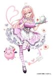  1girl :d ahoge aogiri_high_school apron black_shoes blonde_hair bow breasts cake cleavage cleavage_cutout clothing_cutout commentary company_name copyright_name copyright_notice diagonal-striped_bow dress earrings food fork frilled_dress frills full_body gabu_rielu hair_bow heart holding holding_fork holding_plate inuimahirocha jewelry large_breasts lock_necklace long_hair looking_at_viewer maid mary_janes necklace official_alternate_costume official_art pink_bow pink_dress pink_thighhighs plate puffy_short_sleeves puffy_sleeves red_eyes sample_watermark shoes short_sleeves simple_background smile solo standing standing_on_one_leg striped_bow striped_clothes striped_thighhighs sweets teapot teeth thighhighs underbust upper_teeth_only virtual_youtuber watermark white_apron white_background 