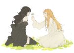  2girls black_dress black_hair black_thighhighs blonde_hair blue_eyes commentary_request dress final_fantasy final_fantasy_xiv flower gaia_(ff14) grass highres holding holding_flower korean_commentary long_hair looking_at_another multiple_girls open_mouth outdoors ryne_waters seiza simple_background sitting smile thighhighs ttogi_1st white_background white_dress white_flower 