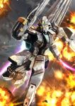 5_fingers ambiguous_gender antennae_(anatomy) battle beam_rifle black_torso debris explosion fingers glowing glowing_eyes grey_body gun gundam hi_res holding_gun holding_object holding_ranged_weapon holding_rifle holding_weapon laser_sword machine mecha military_vehicle mobile_suit mobile_suit_gundam mobile_suit_gundam:_hathaway mounted_weapons not_furry raised_leg ranged_weapon rifle robot robotic_arms robotic_legs rx-94_mass_production_type_nu_gundam shield shiromoca0 smoke thrusters weapon yellow_eyes