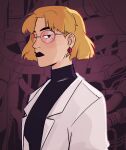  1girl akagi_ritsuko black_eyes black_lips blonde_hair breasts coat commentary earrings english_commentary expressionless eyelashes highres jewelry looking_at_viewer medium_breasts mismatched_eyebrows mole mole_under_eye neon_genesis_evangelion profile red-tinted_eyewear short_hair solo squidwithelbows tinted_eyewear tube turtleneck upper_body white_coat 