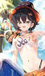  1girl adjusting_clothes adjusting_headwear bangboo_(zenless_zone_zero) belle_(summer_skies)_(zenless_zone_zero) belle_(zenless_zone_zero) bikini bikini_top_under_shirt bikini_under_clothes black_hair black_hat blue_sky breasts bucket_hat commentary_request day earrings eous_(zenless_zone_zero) green_eyes hair_ornament hat highres jewelry letter_hair_ornament midriff navel official_alternate_costume open_mouth orange_bikini outdoors sasai_tuki see-through_clothes see-through_shirt shirt short_hair sky smile swimsuit teeth tied_shirt upper_body upper_teeth_only white_shirt zenless_zone_zero 