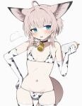  1girl :d absurdres ahoge animal_ears animal_print arknights bell bikini blue_eyes blush bottle breasts collarbone cow_print cow_print_gloves cow_print_thighhighs cowboy_shot diamond-shaped_pupils diamond_(shape) elbow_gloves fox_ears fox_girl fox_tail gloves grey_hair groin hand_on_own_hip highres holding holding_bottle looking_at_viewer looking_to_the_side lowleg lowleg_bikini material_growth medium_hair milk_bottle navel neck_bell o-ring o-ring_bikini oripathy_lesion_(arknights) print_gloves print_thighhighs prosciutto_7 simple_background small_breasts smile solo spaghetti_strap stomach sussurro_(arknights) sweat swimsuit symbol-shaped_pupils tail thighhighs white_background 