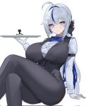  1girl ahoge aokumo_rin arm_belt arm_support ass blue_bow blue_bowtie blue_eyes blue_hair blush bow bowtie breasts chest_strap closed_mouth colored_eyelashes commentary_request corrupted_twitter_file crossed_legs diamond-shaped_pupils diamond_(shape) eyelashes eyeshadow gloves grey_bow grey_hair grey_pants grey_vest hair_between_eyes hair_bow hair_intakes hand_up high_ponytail highres holding holding_tray korean_commentary large_breasts long_hair long_sleeves looking_at_viewer makeup multicolored_hair pants pink_eyeshadow ponytail qwlwart shirt simple_background sitting smile solo stellive streaked_hair striped_blush symbol-shaped_pupils tray very_long_hair vest virtual_youtuber white_background white_eyelashes white_gloves white_shirt 