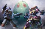  assault_visor blue_hair brown_hair chupacabra_(idolmaster) clenched_hands feet_out_of_frame finger_cannon fog highres idolmaster idolmaster_(classic) idolmaster_cinderella_girls idolmaster_million_live! idolmaster_million_live!_theater_days kaiju kirarin_robo kisaragi_(mujin_gattai_kisaragi) legs_apart long_hair mecha mecha_focus metal_hair mujin_gattai_kisaragi no_humans orange_assault_visor red_assault_visor red_eyes robot short_hair standing stitches taedu twintails 