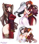  2girls anatolia_(fire_emblem) armpits arms_up ass backless_dress backless_outfit black_hair breasts cleavage double_bun dress fire_emblem fire_emblem:_fortune's_weave flower hair_bun hair_flower hair_ornament headdress highres hong_hua_(fire_emblem) large_breasts long_hair mina_cream multiple_girls multiple_views thick_thighs thighs white_dress yuri 