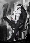abs anthro balls biceps biped black_body claws deltoids digitigrade dragon erection extreme_size_difference feet finger_claws fingers forearm_muscles genitals glans hi_res humanoid_genitalia humanoid_penis krodha_(solutionwcs) leaning_on_wall looking_at_viewer macro macro_anthro macro_male male male_anthro muscular muscular_anthro muscular_male mythological_creature mythological_scalie mythology nude pawpads paws pecs penile penis red_eyes scalie simple_background size_difference smile soles solo solutionwcs tail toe_claws toes