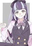  1girl bang_dream! bang_dream!_girls_band_party! black_hat black_vest blush border bow bowtie closed_mouth commentary grey_bow grey_bowtie grey_hair hat highres long_sleeves looking_at_viewer multicolored_hair nyubara_reona outside_border purple_hair ryo_yanakasa shirt solo two-tone_hair upper_body vest white_border white_shirt yellow_eyes 