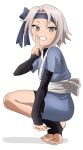  1girl black_socks blue_headband blue_kimono brown_eyes commentary_request fingerless_sleeves full_body grey_hair grin hand_up headband highres higiri_(kunoichi_tsubaki_no_mune_no_uchi) japanese_clothes kimono kuji-in kunoichi_tsubaki_no_mune_no_uchi no_shoes obi riokasen sash shadow short_hair simple_background sleeves_past_wrists smile socks solo squatting stirrup_legwear tiptoes toeless_legwear white_background 