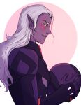  1boy blank_eyes colored_skin commentary english_commentary facial_mark from_side glowing glowing_eye grey_hair hair_slicked_back helmet highres holding holding_unworn_helmet long_hair lotor_(voltron) male_focus parted_lips pink_background pointy_ears purple_skin smile solo squidwithelbows unworn_headwear unworn_helmet upper_body voltron:_legendary_defender voltron_(series) widow's_peak yellow_eyes 
