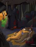 4_toes absurd_res anthro anthro_on_feral bestiality black_nose blush bodily_fluids bottomwear brown_body brown_ears brown_fur butt canid canine canis cave claws clothing comic cuddling digital_media_(artwork) digitigrade duo english_text feet felid female female_feral feral fluffy fluffy_tail fur hi_res lion loincloth lying male male/female male_anthro male_on_feral mammal markings pantherine paws pink_nose pointy_ears prick_ears sleeping snout spruceloops tail text toes tribal tribal_markings white_body white_fur wolf yellow_body yellow_fur