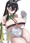  1girl animal_ear_hairband animal_ears bare_shoulders black_hair blush bow bowtie breast_strap breasts cain_lk cleavage collarbone colored_inner_hair commentary_request crotch_zipper fake_animal_ears goddess_of_victory:_nikke green_bow green_hair green_streaks guilty_(mighty_bunny)_(nikke) guilty_(nikke) hair_between_eyes hairband highres huge_breasts leotard long_hair mechanical_gloves multicolored_hair official_alternate_costume playboy_bunny power_gloves purple_eyes rabbit_ear_hairband rabbit_ears simple_background solo streaked_hair thighs white_background white_leotard 