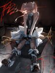  1boy alterkyon androgynous artist_name blush bow character_name closed_mouth clothing_cutout crossdressing crossdressing_(mtf) cuffs cursive english_commentary frilled_skirt frills full_body highres holding holding_microphone_stand magical_boy male_focus microphone_stand navel_cutout original pink_hair shackles short_hair_with_long_locks short_twintails skirt sleeveless solo tadakuni_(alterkyon) thighhighs torn_clothes torn_thighhighs trap twintails two_side_up white_bow white_skirt wire 