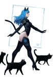  1girl animal_ears animal_print arm_guards armor armored_boots black_bodysuit black_boots black_gloves black_tail black_thighhighs blue_border blue_cat_(dongho_kang) blue_eyes blue_hair blunt_bangs bodysuit boots border breastplate breasts cat cat_ears cat_girl cat_print cat_symbol cat_tail closed_mouth dongho_kang eyelashes fake_animal_ears from_side full_body gloves high_heel_boots high_heels highres inset_border invisible_floor lips long_hair looking_to_the_side medium_breasts nose original profile shoulder_armor simple_background solo tail thigh_armor thigh_boots thighhighs thighs third-party_source walking white_background yellow_eyes 