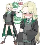  1girl black_robe black_skirt blonde_hair blush breasts brown_shoes collared_shirt commentary crying crying_with_eyes_open diagonal-striped_clothes diagonal-striped_necktie earrings english_text fang genderswap genderswap_(mtf) green_eyes green_necktie green_robe grey_socks grey_sweater harry_potter_(series) highres hogwarts_school_uniform holding holding_wand hoop_earrings jewelry kneehighs kokonut_gag korean_text loafers long_hair looking_at_viewer malfoid multiple_views necktie open_mouth pleated_skirt robe school_uniform shirt shoes simple_background skirt slytherin smile socks striped_clothes striped_necktie sweater tears translation_request two-sided_fabric two-sided_robe wand white_background white_shirt wizarding_world 