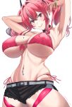  1girl armpits arms_up azur_lane bare_shoulders belt bikini black_choker black_shorts blush bracelet breasts bremerton_(azur_lane) choker cleavage closed_mouth commentary covered_nipples cowboy_shot crossed_bangs cutoffs grey_belt grey_streaks groin hair_between_eyes hair_intakes hair_ornament highleg highleg_bikini highres jewelry large_breasts long_hair looking_at_viewer mole mole_on_breast mole_under_eye multicolored_hair navel navel_piercing piercing pink_bikini pink_eyes pink_hair short_shorts shorts side-tie_bikini_bottom sidelocks simple_background skindentation smile solo standing stomach streaked_hair swimsuit thigh_strap twintails twitter_username two-tone_hair underboob wakusei-planet white_background 