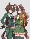  2girls absurdres aiguillette animal_ears ascot asymmetrical_jacket belt black_gloves black_thighhighs blush breasts brown_belt brown_hair buttons cape closed_mouth commentary_request crossed_arms double-breasted ear_ornament earrings epaulettes fingerless_gloves frown gloves green_jacket green_pants green_skirt grey_shirt hair_between_eyes hand_a highres horse_ears horse_girl horse_tail jacket jewelry korean_commentary long_hair long_sleeves medal medium_breasts midriff_peek multicolored_hair multiple_girls pants pendant_choker red_cape red_eyes shirt side_cape single_earring single_epaulette sirius_symboli_(feroce)_(umamusume) sirius_symboli_(umamusume) skirt streaked_hair symboli_rudolf_(emperor's_path)_(umamusume) symboli_rudolf_(umamusume) tail thighhighs umamusume white_ascot white_gloves white_hair 