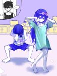  ... 1girl 2boys antenna_hair aubrey_(headspace)_(omori) aubrey_(omori) barefoot black_eyes black_hair blue_shirt blush bow bright_pupils checkered_clothes closed_mouth colored_skin commentary_request double-parted_bangs expressionless hair_between_eyes hair_bow hakugen0720 highres kel_(headspace)_(omori) kel_(omori) legs_apart long_hair long_shirt multiple_boys omori omori_(omori) parody_request pink_bow purple_hair purple_shorts shirt short_hair short_sleeves shorts sidelocks smile speech_bubble spoken_ellipsis standing t-shirt white_pupils white_skin 