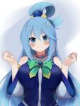  1girl absurdres aqua_(konosuba) bare_shoulders blue_background blue_eyes blue_hair blue_shirt blush bow bowtie breasts closed_mouth detached_sleeves english_commentary green_bow green_bowtie hair_ornament hair_rings hands_up highres kono_subarashii_sekai_ni_shukufuku_wo! kotlight large_breasts long_hair long_sleeves looking_at_viewer shirt single_hair_ring smile solo sphere_hair_ornament two-tone_background upper_body white_background white_sleeves 
