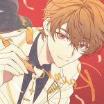  1boy black_shirt brown_hair collared_shirt commentary hair_between_eyes highres holding holding_pen jacket jiukuzi18797 luke_pearce_(tears_of_themis) male_focus necktie pen red_eyes shirt solo tears_of_themis white_jacket white_necktie 