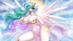 agleo anthro areola clothing crown cutie_mark equid equine feathered_wings feathers female friendship_is_magic genitals halo hasbro headgear hi_res horn mammal my_little_pony mythological_creature mythological_equine mythology nipples princess_celestia_(mlp) purple_eyes solo sun tiara translucent translucent_clothing vulva white_body winged_unicorn wings