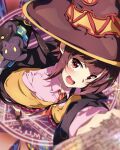  1girl bag blurry blurry_foreground blush boots chomusuke chromatic_aberration collared_shirt commentary_request hat highres holding holding_paper kono_subarashii_sekai_ni_bakuen_wo! kono_subarashii_sekai_ni_shukufuku_wo! looking_at_viewer megumin nazonaji necktie open_mouth paper perspective pink_shirt reaching reaching_towards_viewer red_eyes shirt shoulder_bag v-shaped_eyebrows witch_hat 