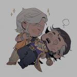  2boys @_@ bead_bracelet beads beard black_facial_hair black_hair black_jacket black_pants black_shoes bracelet cheekbones chibi chibi_only closed_eyes coat commentary couple dancing doctor_strange doctor_strange_(bleeker_street_strut) doctor_strange_(series) earrings english_commentary eye_of_agamotto facial_hair fringe_trim grey_background grey_streaks highres holding_hands jacket jewelry magneto male_focus marvel marvel_rivals mature_male missing_headwear multicolored_hair multiple_boys muscular muscular_male official_alternate_costume open_mouth orange_jacket pants profile purple_shirt ring scarf serpentbun shirt shoes short_hair sparkle streaked_beard streaked_hair white_facial_hair white_hair x-men yaoi yellow_scarf 