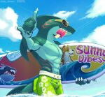 abs anthro aquatic biceps claws clothed clothing dungeons_of_aether eyewear fin fish food gills hi_res male muscular muscular_anthro orcane pecs popsicle popsicle_in_mouth rivals_of_aether shark shark_tail sharp_teeth slade_(dungeons_of_aether) solo sunglasses surfboard swimwear tail teeth topless topless_anthro topless_male water zm?