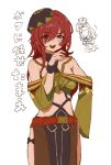  1boy 1girl bare_shoulders belt beret blue_eyes breasts character_request commentary_request dante_(fire_emblem) fire_emblem fire_emblem:_fortune's_weave green_robe hair_over_one_eye hat highres midriff red_belt red_hair robe simple_background solo_focus var_unchi white_background 