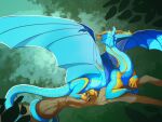 absurd_res ambiguous_gender blue_body blue_scales branch claws dragon feral finger_claws frill_(anatomy) hi_res long_neck lucithen membrane_(anatomy) membranous_frill membranous_wings mythological_creature mythological_scalie mythology nose_spike plant rainwing_(wof) scales scalie shaded snout solo tamarin_(wof) toe_claws tree wing_claws wings wings_of_fire yellow_body yellow_scales