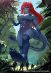 2024 abs absurd_res armor black_sclera blue_body censored corpsmanwelt day feet female forest group hair headgear helmet hi_res humanoid humanoid_pointy_ears jungle looking_at_viewer low-angle_view macro military muscular muscular_female outside plant pointy_ears red_hair smile soldier tail tree walking warrior