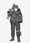  1girl absurdres ar-18 assault_rifle black_gloves black_pants boots closed_mouth full_body gloves green_eyes grey_background grey_boots grey_jacket grey_shirt gu_ming_di_lian gun hair_between_eyes highres holding holding_gun holding_weapon jacket lace-up_boots original pants purple_hair rifle shirt simple_background solo standing weapon 