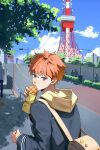  1012psp 1boy bag cloud commentary_request crossbody_bag day food gakuran haikyuu!! highres hinata_shouyou holding holding_food jacket_over_hoodie korean_commentary looking_at_viewer looking_back male_focus orange_hair outdoors road school_uniform shoulder_bag sky solo street sunlight translation_request 