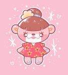2022 accessory animal_crossing anthro armband blue_armband blue_clothing blue_footwear blue_sandals blush blush_lines brown_hair clothing digital_media_(artwork) dress eyelashes female flower flower_in_hair footwear hair hair_accessory hair_bun hi_res lottie_(animal_crossing) mammal mustelid nintendo otter pink_background pink_body plant red_clothing red_dress sandals sea_otter shoes simple_background smile smiling_at_viewer solo sparkles typhwosion