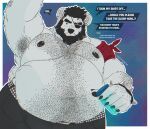 2025 absurd_res age_difference aged_up anthro arm_hair armpit_hair bear beard belly belly_hair belt big_belly black_beard black_bottomwear black_clothing black_facial_hair black_hair black_nipples black_nose black_pants blush bodily_fluids body_hair bottomwear bracelet brown_eyes chest_hair claws clothed clothing container dialogue ear_piercing embarrassed english_text epic_games eye_patch eye_scar eyebrows eyewear facial_hair facial_scar fortnite fur gold_piercing grey_hair greying_hair hair hairy handpaw hi_res jacket jar jewelry kerchief looking_aside looking_at_viewer looking_down looking_down_at_viewer male mammal mattinqq moobs musclegut muscular navel nipple_piercing nipples offering_beverage older_anthro older_male overbite overweight overweight_anthro overweight_male pants pawpads paws piercing polar_bear polar_patroller scar shirt simple_background slurp_juice solo speech_bubble spiked_bracelet spikes studded_belt studs sweat sweatdrop tail teeth text thick_eyebrows topwear ursine white_body white_fur