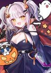  1girl bandaged_head bandages bare_shoulders bat_(animal) bat_hair_ornament belorta_(nikke) belorta_(pumpkin_witch)_(nikke) black_dress blush bow breasts character_doll cleavage commentary_request doll dress fang food-themed_hair_ornament ghost goddess_of_victory:_nikke grey_hair hair_bow hair_ornament halloween_bucket halloween_costume highres holding holding_halloween_bucket jack-o'-lantern karingityou large_breasts long_hair long_sleeves looking_at_viewer mica_(nikke) official_alternate_costume open_mouth orange_bow paw_print paw_tattoo pumpkin pumpkin_hair_ornament smile star_(symbol) tattoo twintails yellow_eyes 