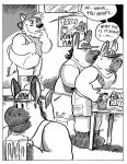 anthro asinus backwards_baseball_cap backwards_hat baseball_cap beard beer_mug billy_fore border canid canine canis clothing comic dialogue donkey duffel_bag english_text equid equine eye_black facial_hair group hat headgear headwear hi_res male mammal monochrome muscular overweight overweight_male poster_(object) text thad_notos white_border wolf