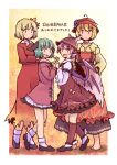  4girls :d aki_minoriko aki_shizuha animal_ears apron barefoot bird_ears bird_wings black_shoes black_skirt blonde_hair blush border brown_dress brown_eyes brown_hat brown_socks commentary_request crossed_arms dog_ears dog_tail dress grape_hat_ornament green_eyes green_hair hair_ornament hands_on_own_hips hat holding_hands juliet_sleeves kasodani_kyouko leaf_hair_ornament long_skirt long_sleeves mob_cap multiple_girls mystia_lorelei open_mouth orange_background pankou pink_dress pink_hair puffy_sleeves rangycrow red_apron red_eyes red_hat red_shirt red_skirt shirt shoes short_hair skirt smile socks tail touhou translation_request white_border white_shirt white_socks wing_hat_ornament wings yellow_shirt 