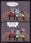 absurd_res anthro big_breasts black_body black_ears black_fur blue_bottomwear blue_clothing blue_shirt blue_shorts blue_tail blue_topwear bottomwear bowl breasts brown_sofa cheek_spiral chips_(food) clothed clothed_anthro clothed_female clothed_male clothing comic container dark_body dark_fur dialogue domestic_cat duo ear_piercing english_text exposed_shoulder felid feline felis female food fully_clothed fully_clothed_anthro fully_clothed_female fully_clothed_male fur furniture glistening glistening_body glistening_eyes gloves_(marking) grey_body grey_fur grey_inner_ear hi_res hotpants huge_breasts hybrid ippa_(ipskrimson) ippy_(ipskrimson) ipskrimson lagomorph leg_markings leporid male mammal markings multicolored_body multicolored_fur piercing purple_bottomwear purple_clothing purple_shorts rabbit red_clothing red_shirt red_topwear shirt shorts shoulder_strap socks_(marking) sofa speech_bubble tail tail_motion tailwag text topwear two_tone_body two_tone_fur