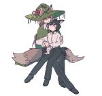  1boy 1girl animal_ear_fluff animal_ears black_hair black_pants black_shoes blue_eyes blush breasts bright_pupils brown_hair cape closed_mouth collar collared_shirt commission degrees_of_lewdity double-parted_bangs flower fox_boy fox_ears fox_girl fox_tail full_body green_cape green_collar green_eyes green_hat gwylan_(degrees_of_lewdity) gwylan_(male)_(degrees_of_lewdity) hair_between_eyes hand_on_another's_arm hat hat_flower heart_collar hetero highres holding_hands invisible_chair long_hair long_sleeves looking_at_another nuu_jg pants player_character_(degrees_of_lewdity) player_character_(female)_(degrees_of_lewdity) second-party_source shirt shoes sidelocks simple_background sitting sitting_on_lap sitting_on_person small_breasts smile tail white_background white_pupils white_shirt witch_hat 