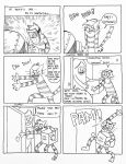 anthro barbclumsy blacksmithing clipboard closing_door clothed clothing comic delivery_(commerce) delivery_employee dialogue dog_man_(series) door embarrassed english_text felid feline hi_res male mammal monochrome package petey_the_cat sex_toy shocked simple_coloring solo spanish_text surprised text