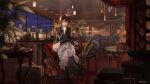  1girl absurdres animal_ears artist_request ashtray banken_(inui_toko) bar_(place) black_boots black_nails black_sleeves blurry boots bottle bow_(music) brown_hair brown_tail chair city_lights commentary copyright_notice creature crossed_legs cup depth_of_field dog_ears dog_girl dog_tail drinking_glass drum drum_set finger_to_mouth hand_up hanging_light heterochromia high_heel_boots high_heels highres index_finger_raised indoors instrument inui_toko jacket jewelry lapels layered_skirt leather leather_jacket light_particles long_hair long_skirt long_sleeves looking_at_viewer microphone microphone_stand nail_polish necklace night nijisanji notched_lapels official_alternate_costume official_art on_stool open_mouth phonograph plant red_eyes saxophone second-party_source shushing silver_necklace sitting skirt smile stool suitcase table tail viola_(instrument) virtual_youtuber white_skirt wide_shot window wolf_cut wooden_table yellow_eyes 