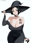  1girl absurdres artist_name bare_shoulders black_choker black_dress black_hair black_hat black_nails breast_tattoo breasts cane chest_tattoo choker cleavage commentary_request commission cowboy_shot cross cross_earrings cross_necklace crow_(nikke) dress ear_piercing earrings fingernails goddess_of_victory:_nikke green_eyes hand_on_headwear hat highres holding holding_cane jewelry korean_commentary large_breasts long_fingernails looking_at_viewer mole mole_under_eye multicolored_hair nail_polish necklace no_pupils off-shoulder_dress off_shoulder parted_lips pendant_choker piercing pixiv_commission red_hair short_hair side_slit simple_background solo standing streaked_hair tattoo taut_clothes taut_dress tomatoketchup96 two-tone_hair white_background wide_brim witch_hat 